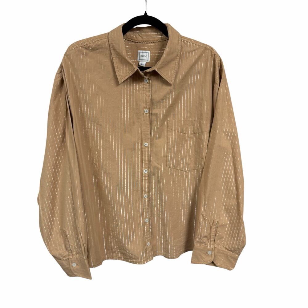 Anthropologie Maeve The Bennet Buttondown Shirt Tan Silver Metallic Striped XL